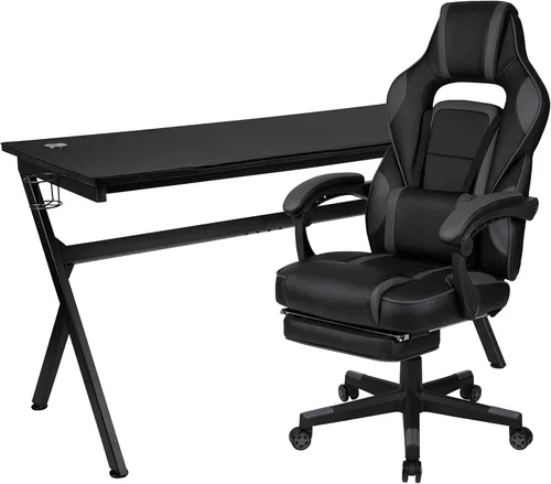 Vista 55 de Flash Furniture Juego de escritorio para juegos negro y silla de carreras blanco/negro con soporte para tazas, gancho para auriculares y soporte