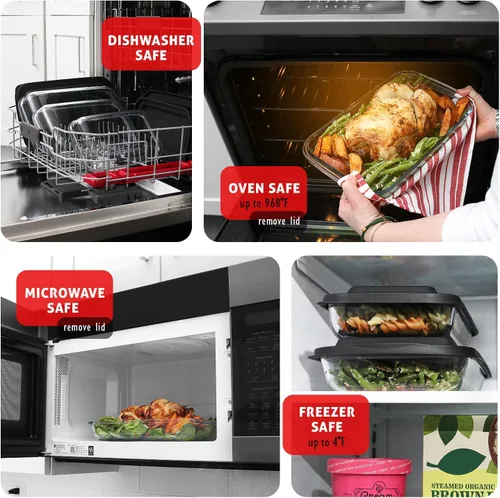 Vista 3 de EATEX Cacerola de vidrio profundo de 8 piezas para horno con tapas de plástico, platos de vidrio para horno, utensilios rectangulares para hornear