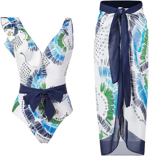 Vista 24 de Women Swimsuits Abstract Printing Notched Square/V Neck Floral Vacation One Piece with Cover Up