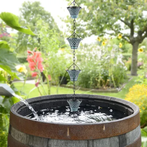 Vista 6 de Tfro & Cile Cadena de lluvia para canalón, captador de bajante, desviador de agua exterior, copas de lluvia decorativas para jardín, campanillas