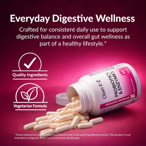 Vista 5 de Clean E-Z Enzymes + Probióticos - Mezcla de enzimas quitosanasa con probióticos estables en el estante - Apoya el equilibrio intestinal y microbioma