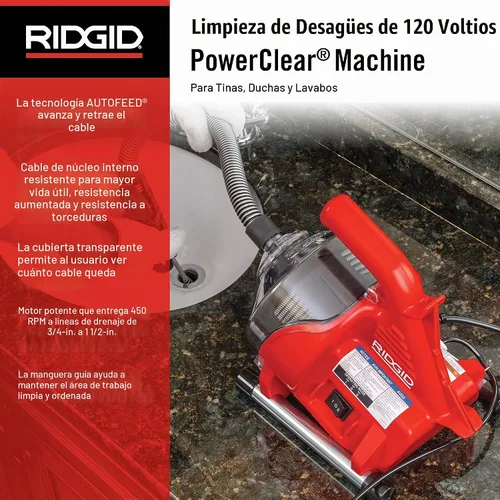 Vista 3 de RIDGID PowerClear - Kit de máquina de limpieza de drenaje de 120 voltios para bañeras, duchas y fregaderos, rojo, cable de repuesto de giro