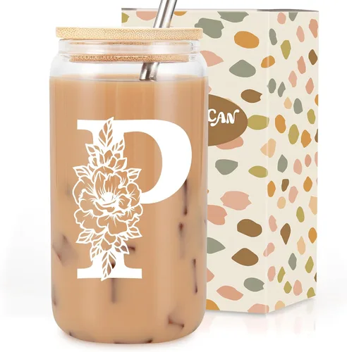 Vista 19 de Taza de Vidrio Inicial Coolife, Regalos Personalizados para Mujeres, Tazas de Vidrio de 16 oz con Tapas y Popotes, Taza para Café Helado, Licuado