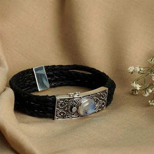 Vista 5 de Pulsera de plata de ley 925 hecha a mano con piedra lunar de fuego azul natural para hombres y mujeres, joyería de moda, Plata Esterlina, piedra