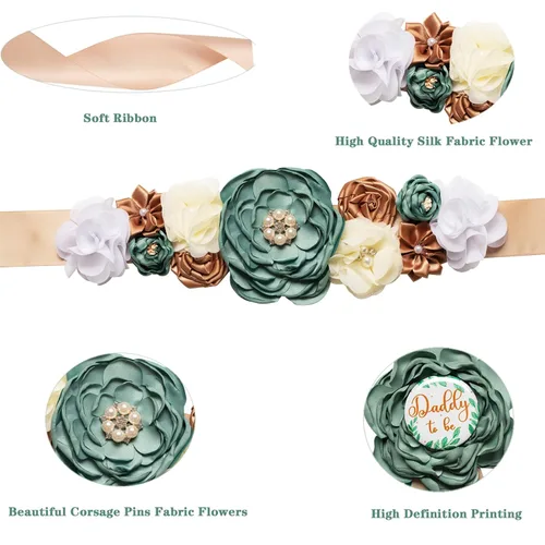 Vista 3 de Juego de fajas verdes de maternidad para mamá y papá, ramillete de flores, suministros de recuerdo de baby shower, decoraciones de revelación