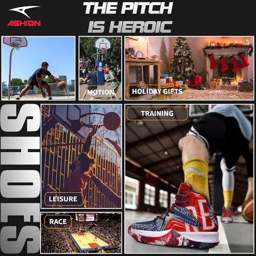 Vista 7 de ASHION Zapatos de baloncesto para hombre, tenis de baloncesto medios, antideslizantes, para entrenamiento con amortiguación al aire libre