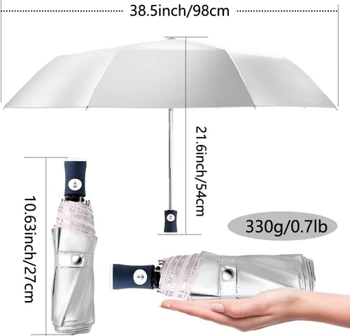 Vista 3 de FDJASGY Capa de revestimiento plateado, bloqueo de tela UV 99.9%, paraguas compacto plegable de viaje, paraguas automático resistente al viento