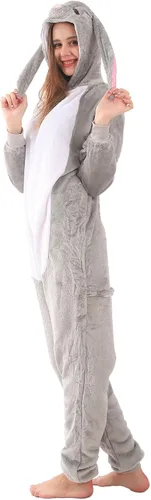 Vista 5 de LOBUJOU Pijama de una pieza para adultos, disfraz de dibujos animados de animales para mujeres y hombres, cosplay, Halloween, conejo gris