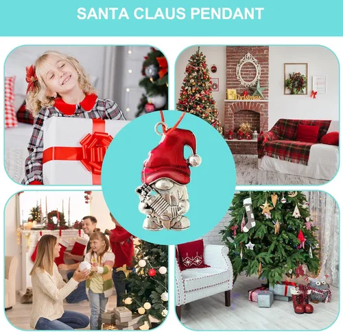Vista 4 de Adorno de árbol de Navidad de peltre sólido, colgantes de gnomo de Papá Noel de metal con cuerda roja, decoración colgante artesanal para árboles