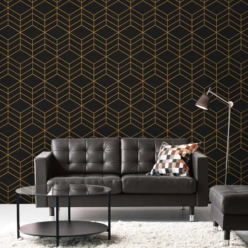 Vista 6 de LiKiLiKi Papel tapiz autoadhesivo negro y dorado, diseño geométrico moderno, 17.3 x 118 pulgadas, vinilo decorativo extraíble para cajones