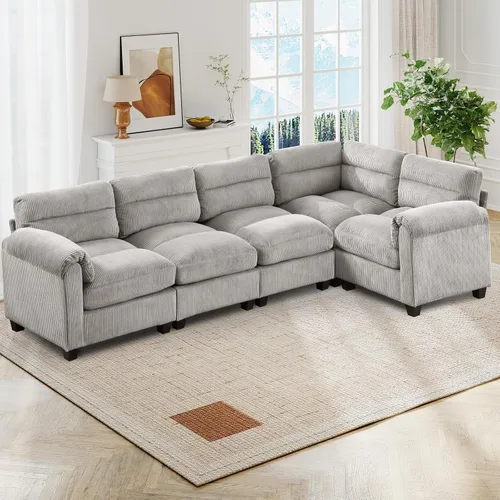 Vista 54 de HAOMARKETS Sofá esquinero modular en forma de L de 115 pulgadas con 2 otomanas móviles, sofás de pana de 8 plazas con cojín grueso para sala de Beige