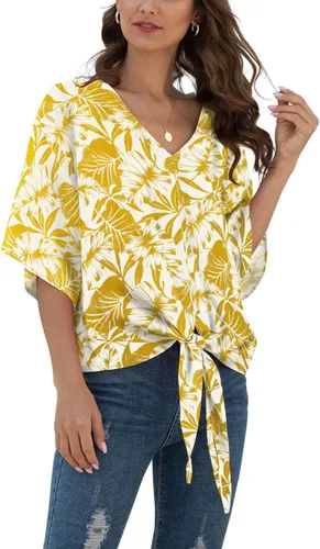 Vista 47 de VIISHOW Womens Tie Front Chiffon Blouses V Neck Batwing Short Sleeve Summer Tops Shirts Albaricoque