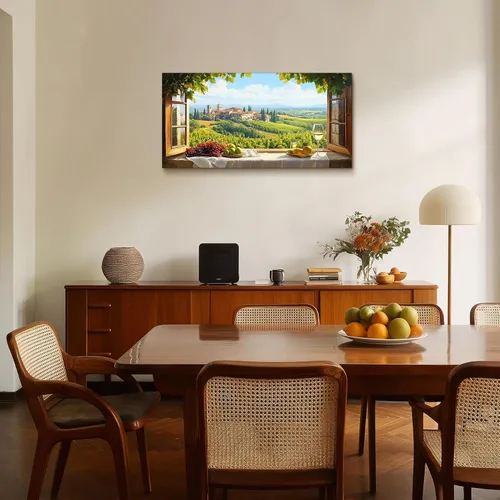 Vista 4 de crmotu Vineyard Arte de Pared de Ventana Falsa, Obra de Arte Grande de Paisaje de Campo Italiano, Impresiones de Campos de Uva Decoración de Pared