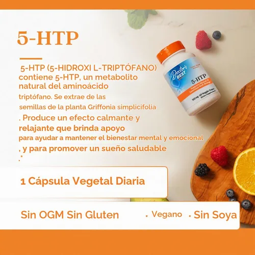 Vista 4 de Doctor's Best 5-Htp sin OMG, vegano, sin gluten, sin soja, 100 mg y 60 cápsulas vegetarianas