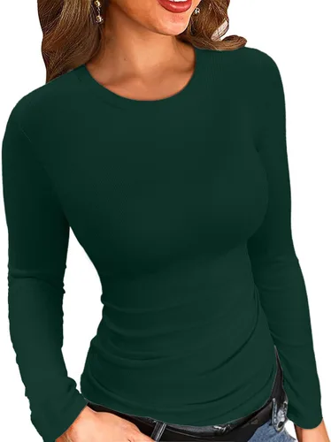 Vista 17 de VICHYIE Fall Clothes Womens Crewneck Ribbed Long Sleeve Shirts Slim Fitted Tee Casual Basic Tshirt Top Negro