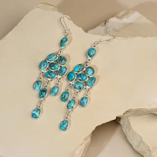 Vista 4 de YoTreasure Pendientes colgantes de plata de ley 925 con piedra lunar azul cobre turquesa