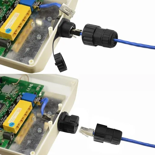 Vista 6 de Conector instalable de campo RJ45 hembra a hembra blindado de 10 piezas. Proporciona conectividad Ethernet Cat5/5e/6 de alimentación a través