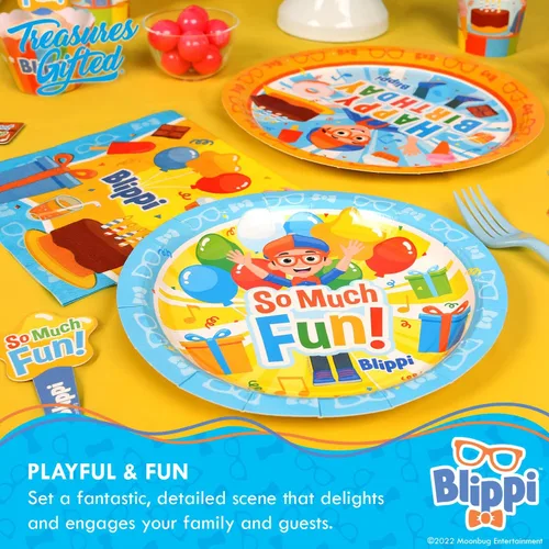 Vista 4 de Treasures Gifted Platos de postre Blippi con licencia oficial de 8 unidades – 7 pulgadas – Platos de fiesta Blippi – Suministros para fiesta