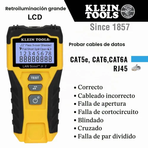 Vista 2 de Klein Tools VDV526-200 Probador de Cables, LAN Scout Jr. 2 Probador de Cables Ethernet para Cables CAT 5e, CAT 6/6A con Conexiones RJ45