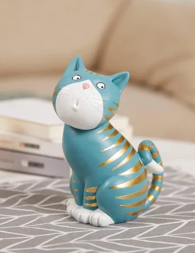 Vista 10 de SEINHIJO Estatua de gato, escultura de animal, decoración moderna, arte de regalo para el hogar, dormitorio, sala de estar, poliresina, azul, 6.0