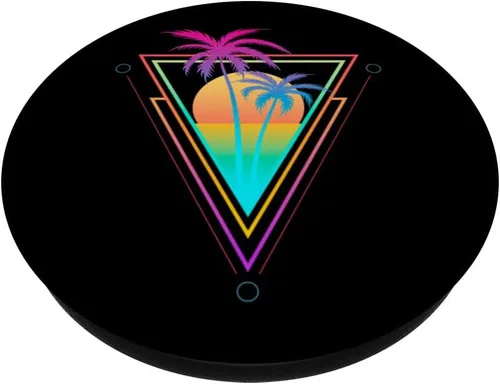 Vista 2 de Retro 1980s 1990s Vaporwave Palm Trees Sunset Beach Surf Art PopSockets Adhesive PopGrip
