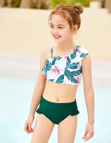 Vista 7 de Arshiner Traje de baño para niñas con volantes y volantes estampados de dos piezas