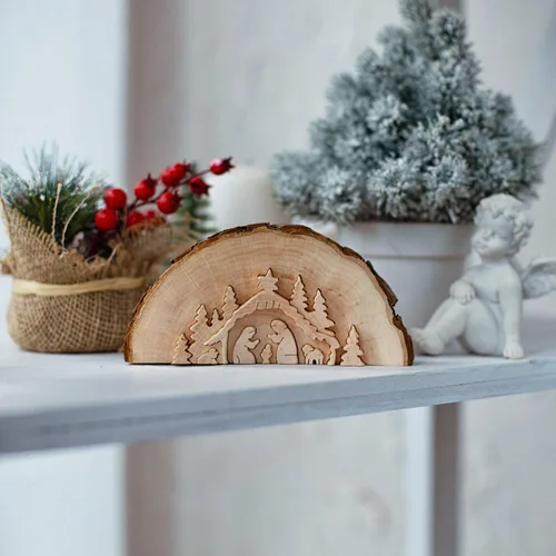 Vista 3 de Forest Decor Juego de Belén de madera, figuras religiosas decorativas, decoraciones de mesa de Navidad, decoración cristiana rústica hecha a mano