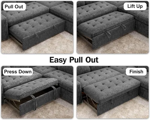 Vista 9 de Vipbear Sofá cama modular en forma de L de 5 asientos con cama extraíble/respaldo reclinable/puertos USB/asiento de almacenamiento, sofá cama Gris
