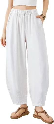 Vista 7 de Pantalones de lino y algodón holgados para mujer, con cintura elástica para relajarse. Pantalones estilo harén Verde militar