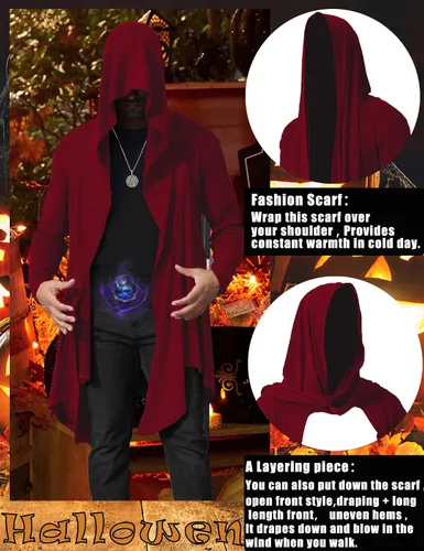 Vista 13 de Cárdigan largo con capucha para hombre, con volantes, cuello de chal, parte delantera abierta, ligero, con bolsillos