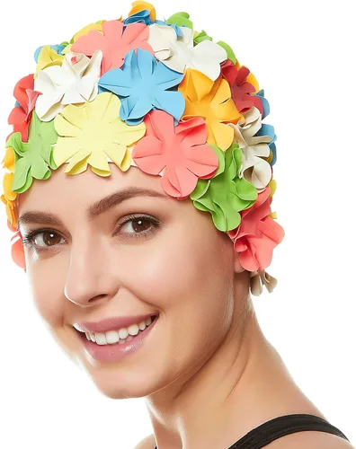 Vista 9 de Gorro de baño floral de pétalo para damas BEEMO, gorra de natación retro para mujeres, pelo largo/corto