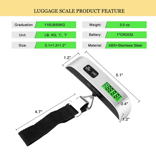 Vista 4 de HalyCares - Báscula de equipaje peso digital portátil para maleta asistente de equipaje de viaje sensor de temperatura 110 libras batería CR2032