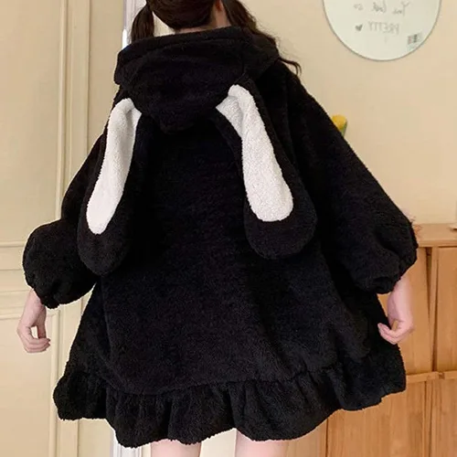 Vista 4 de Sudaderas con capucha de orejas de conejo para mujer, diseño de anime kawaii, dulce y mullido, suéter de conejo mullido, suéter de cosplay