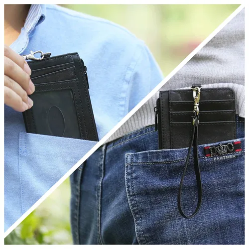 Vista 2 de Teskyer - Cartera minimalista delgada, soporte para tarjetas de crédito con bloqueo RFID, compartimento frontal de piel para documentos