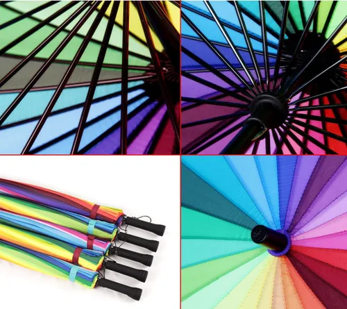 Vista 6 de 24k color arco iris paraguas moda mango largo recto anti-UV sol/lluvia stick paraguas manual grande parasol