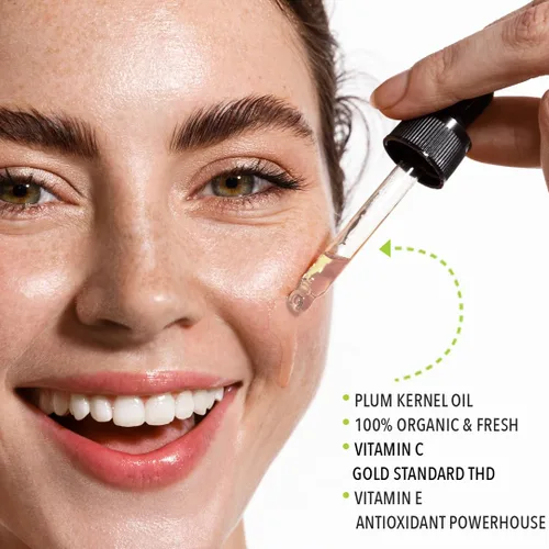 Vista 2 de Lemyn Organics Aceite facial de grano de ciruela, sobrealimentado con vitamina C y E, recién hecho, hidratación y brillo lujosos, orgánico