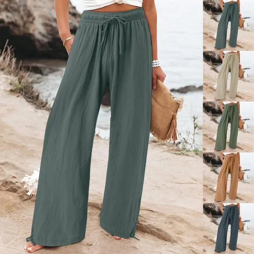 Vista 2 de Pantalones de lino para mujer, de verano, de cintura alta, pierna ancha, casuales, cintura elástica, pantalones palazzo, pantalones de playa