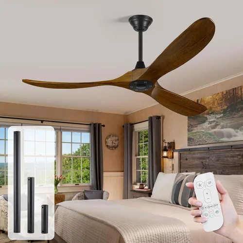 Vista 10 de Ventilador de techo negro sin luz, 52 pulgadas, moderno, para interiores y exteriores, 3 aspas, a prueba de humedad, ventilador de techo de madera