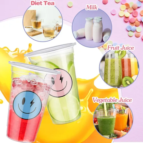 Vista 3 de Norme Juego de 52 vasos de plástico con tapa de cara sonriente de 16 onzas, tazas de café helado desechables transparentes con rayas