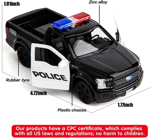 Vista 2 de BDTCTK Escala 1/36 compatible con Ford F150 Pickup Truck modelo de coche de policía, aleación de zinc fundido a presión, vehículos de tracción