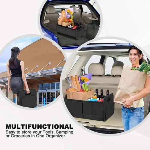 Vista 5 de Organizador de maletero de automóvil, organizador plegable para maletero de automóvil con 3 compartimentos y 10 bolsillos laterales, antideslizante