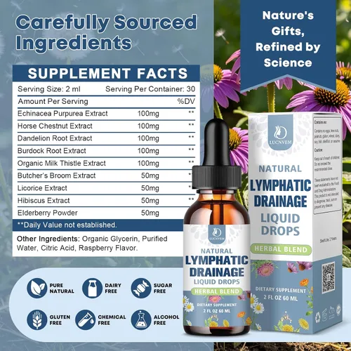 Vista 9 de LUCNVEM Gotas de drenaje linfático liposomal: gotas de drenaje linfático orgánico 9 en 1 con equinácea, raíz de bardana, diente de león, cardo