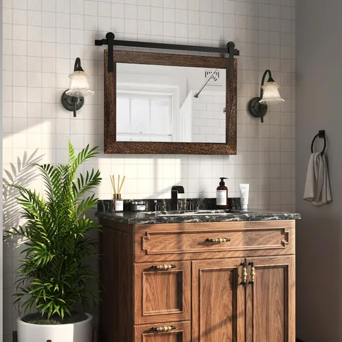 Vista 38 de COGOOD Espejo de puerta de granero de granja, 25 x 18 pulgadas, espejo decrativo con marco de madera rústica para baño, sala de estar, decoración