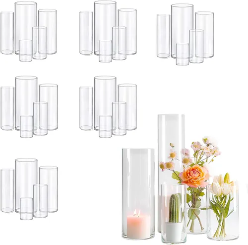Vista 8 de 5 piezas de jarrones de vidrio Cilindro Jarrones para centros de mesa Pequeños jarrones de flores de vidrio transparentes Jarrones para decoración