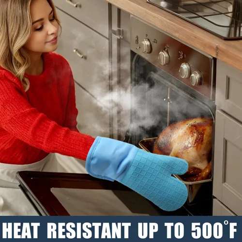 Vista 6 de Manoplas de horno y soportes para ollas, 4 juegos, guantes de horno resistentes al calor de 500 ℉ y soporte para ollas, guantes largos para horno