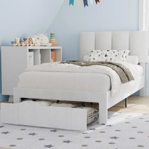 Vista 14 de VECELO Base de cama de tamaño individual con cajón de almacenamiento, base de cama de plataforma resistente con cabecera y fuerte soporte de Negro