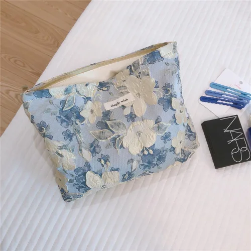 Vista 2 de Bolsas de cosméticos de flores para mujeres, bolsa de maquillaje suave y grande para niñas, bolsa organizadora de viaje de maquillaje estético