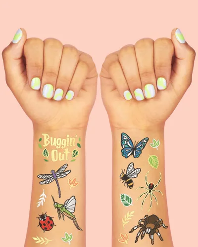 Vista 3 de xo, Fetti Tatuajes temporales de insectos – 48 estilos de purpurina Suministros de fiesta de cumpleaños de insectos, abejas, arañas, escarabajos