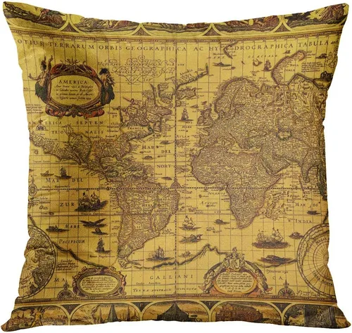 Vista 2 de ArtSocket Juego de 4 fundas de almohada vintage con mapa del viejo mundo, cartografía, descubrimiento de sepia antiguo, continentes políticos