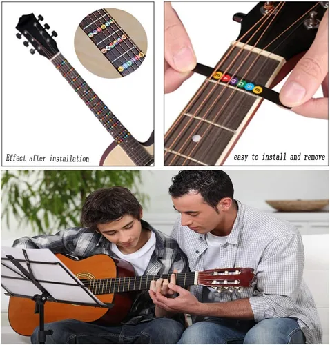 Vista 4 de Adhesivos para diapasón de guitarra Kimlong, calcomanías con código de colores para principiantes con mapa de trastes para práctica, para guitarras